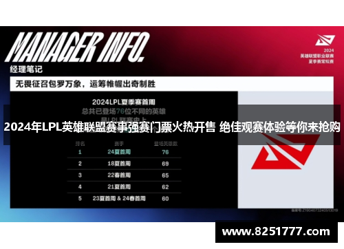 2024年LPL英雄联盟赛事强赛门票火热开售 绝佳观赛体验等你来抢购