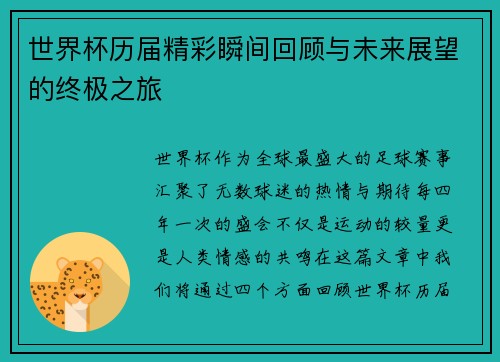 世界杯历届精彩瞬间回顾与未来展望的终极之旅